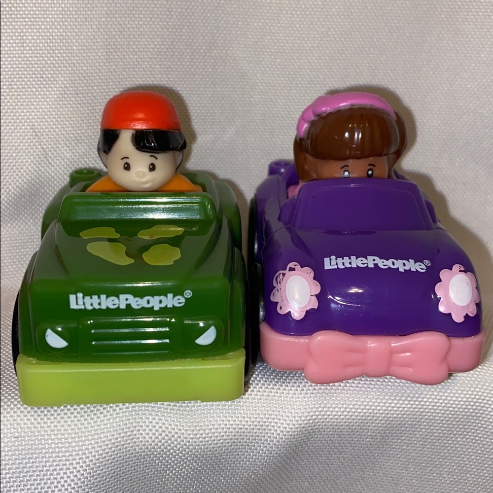 Little People Wheelies Car Racers with drivers, purple pink green, Fisher-Price